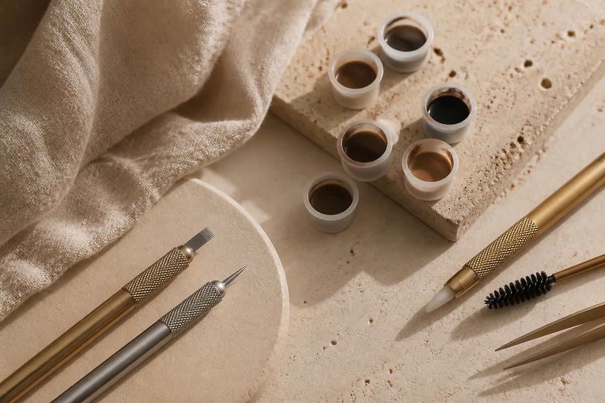Herramientas de microblading y pigmentos ordenados sobre una superficie de piedra